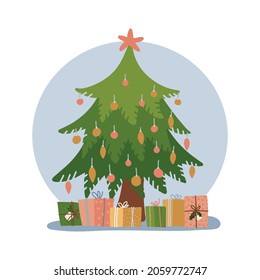 Decorated christmas tree with gift boxes, star, decoration balls and baubles. Merry Christmas and a happy new year isolated concept. Flat style vector illustration.