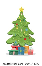 Decorated christmas tree with gift boxes, star, lights, decoration balls and lamps. Merry Christmas and a happy new year. Flat style vector illustration.