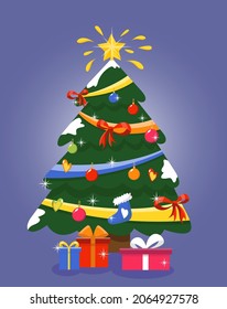 Árbol de Navidad decorado con cajas de regalo, estrella, luces, adornos. Feliz Navidad y Feliz Año Nuevo. Ilustración de estilo de plano plano vectorial