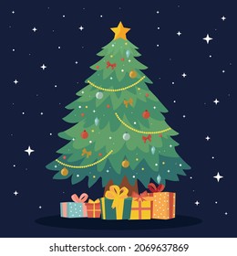 Decorated Christmas tree with gift boxes, a star, lights, decoration balls and lamps. Merry Christmas and happy New Year. Vector illustration.