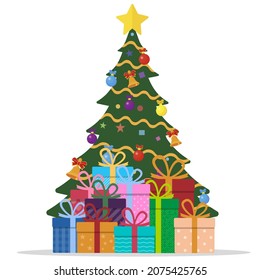 Dekorierter Weihnachtsbaum mit Geschenkbox. Vektorgrafik. EPS10.