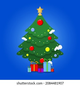 Decorated Christmas tree with gift boxes, star, lights, decoration balls and lamps. Merry Christmas and Happy New Year. Vector flat plane style illustration.