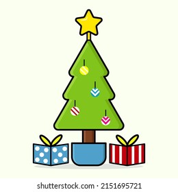 Decorated Christmas tree with gift boxes, stars, lights, decoration balls and christmas lights. Merry Christmas. Flat style vector illustration.