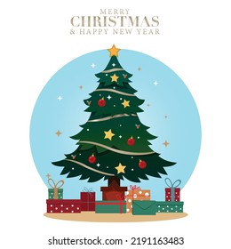 Decorated Christmas tree with gift boxes, star, lights, decoration balls and lamps. Merry Christmas and a happy new year.