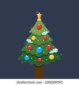 Decorated Christmas tree with gift boxes, star, lights, decoration balls and lamps. Merry Christmas and a happy new year. Flat style vector illustration