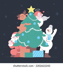 Decorated Christmas tree with gift boxes, star, lights, decorative balls and lamps. Merry Christmas and Happy New Year. Flat style vector illustration.