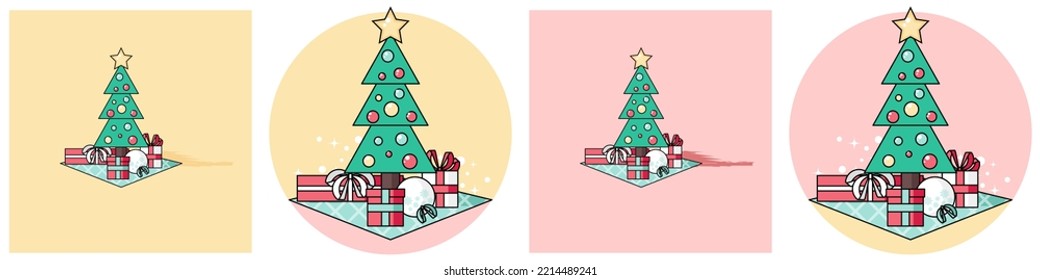 Decorated christmas tree with gift boxes, star, lights, decoration balls.