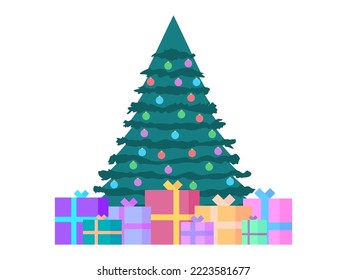 Decorated Christmas tree with gift boxes isolated on white background. Gifts under the tree. Merry Christmas. Festive design for greeting cards, invitations and banners. Vector illustration