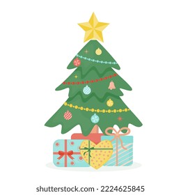 Decorated Christmas tree with gift boxes, a star, decorative balls and garlands. Vector illustration of a flat style.