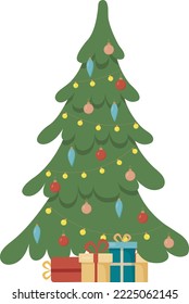 Decorated christmas tree with gift boxes, lights, decoration balls and lamps. Merry Christmas and a happy new year. Vector illustration.