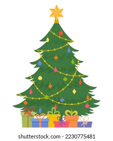 Decorated christmas tree with gift boxes, decoration and lights. Star, decoration balls and light bulb chain. Traditional Christmas and New Year symbol. Merry Christmas and a Happy New Year design for