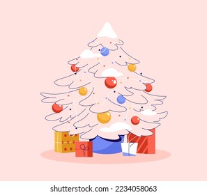 Decorated christmas tree with gift boxes, light garlands, bauble balls, surprise gifts. Merry Christmas and Happy new year. Flat style vector illustration.