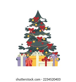 Decorated Christmas tree with gift boxes with ribbon bows, star, lights, decorative balls and lamps. Snowy tree with lots of gifts for greeting card. Merry Christmas and Happy New Year. Flat vector.