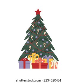 Decorated Christmas tree with gift boxes with ribbon bows, candy, star, lights, decorative balls, lamps. Snowy tree with lots of gifts for greeting card. Merry Christmas , Happy New Year. Flat vector.