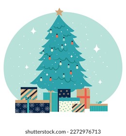 Decorated Christmas tree with gift boxes, star, lights, decorative balls and lamps. Merry Christmas and Happy New Year. Flat style vector illustration.	