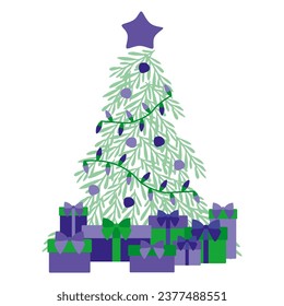 Decorated Christmas tree with gift boxes, star, lights, decoration balls and lamps. Merry Christmas and a Happy New year. Flat style cartoon vector illustration. Holiday template, Postcard