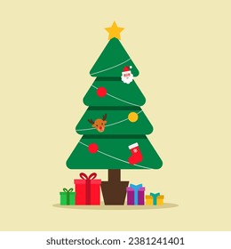 Decorated Christmas tree and gift boxes isolated. Minimal concept. Flat vector illustration.