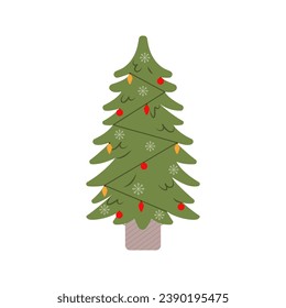 Decorated Christmas tree with gift boxes, stars, lights, decoration balls, and lamps. Merry Christmas and a happy new year. Flat style vector illustration