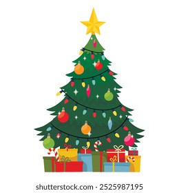 Decorated christmas tree with gift boxes, star, lights, decoration balls. Merry Christmas and a happy new year. Flat vector illustration.