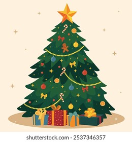 Decorated Christmas tree with gift boxes, a star, lights, decoration balls and lamps. Merry Christmas and happy New Year. Vector illustration.