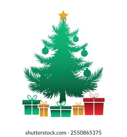 Decorated Christmas Tree With Gift Boxes vector logo design icon