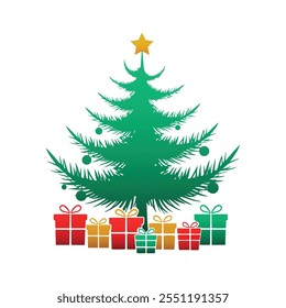 Decorated Christmas Tree With Gift Boxes vector logo design icon