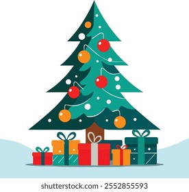 Decorated Christmas tree with gift boxes, a star, lights, decoration balls and lamps. Merry Christmas and happy New Year. Vector illustration