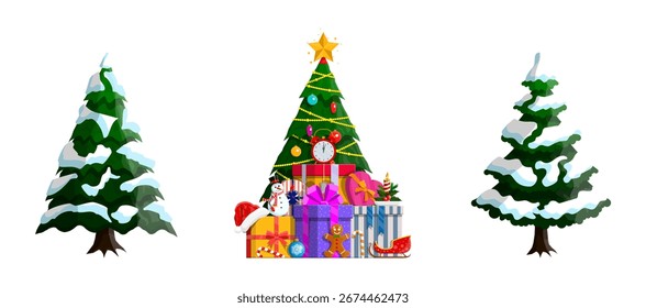 Árbol de Navidad decorado con cajas de regalo y muñeco de nieve. Celebración festiva de vacaciones de invierno con presente. Vector alegre del año Nuevo para la tarjeta de felicitación.