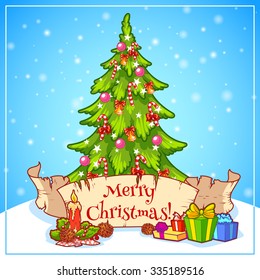 Decorated Christmas tree with gift boxes, candle and scroll. Vector Christmas card