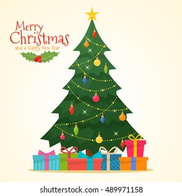 Decorated christmas tree with gift boxes, star, lights, decoration balls and lamps. Merry Christmas and a happy new year. Flat style vector illustration.