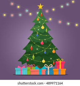 Decorated Christmas Tree With Gift Boxes, Star, Lights, Decoration Balls And Lamps. Merry Christmas And A Happy New Year. Flat Style Vector Illustration.