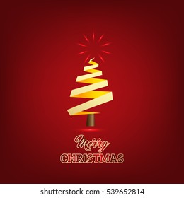 Decorated christmas tree with gift boxes, star, lights, decoration balls and lamps. Merry Christmas and a happy new year. Flat style vector illustration.