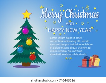 Decorated christmas tree with gift boxes, star, lights, decoration balls and lamps. Merry Christmas and a happy new year. Flat style vector illustration.