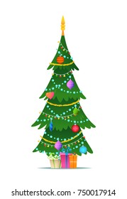 Decorated christmas tree with gift boxes, star, lights, decoration balls and lamps. Flat style vector illustration.