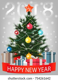 Decorated christmas tree with gift boxes, star, lights, decoration balls and lamps. Merry Christmas and a happy new year. 