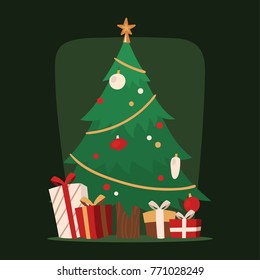 Decorated christmas tree with gift boxes, star, lights, decoration balls and lamps