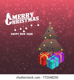 Decorated christmas tree with gift boxes, star, lights, decorati