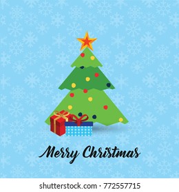 Decorated christmas tree with gift boxes, star,balls snowflakes.