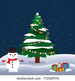 Decorated christmas tree with gift boxes, star, lights, decorati