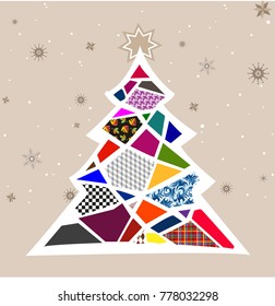 Decorated christmas tree with gift boxes, star, lights, decoration balls and lamps. Merry Christmas and a happy new year. Flat style vector illustration.