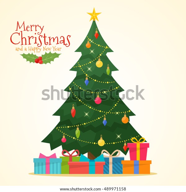 Immagini Vettoriali Natale.Immagine Vettoriale Stock 489971158 A Tema Albero Di Natale Decorato Con Scatole Royalty Free