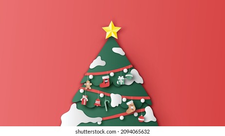 Decorated Christmas tree with gift, sock, ball, bell, candy cane, gingerbread man. Merry Christmas. paper cut and craft design. vector, illustration.