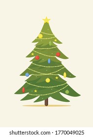 Árbol de Navidad decorado con estrella de regalo, luces, decoración de bolas y lámparas. Feliz Navidad y feliz año nuevo. Ilustración del vector