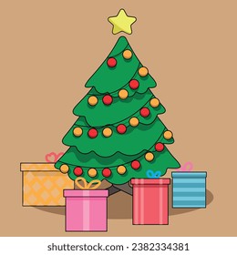 A decorated Christmas tree with gifts around it and a star at the tip