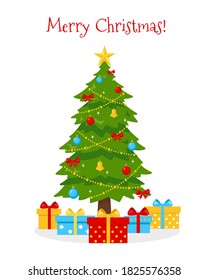 Decorated Christmas tree with gifts in boxes isolated on white background. Traditional Christmas and New Year symbol. Vector illustration.