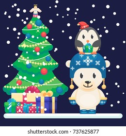 Decorated christmas tree and gifts. Cute polar bear and little funny penguin Vector colorful illustration in flat style eps10