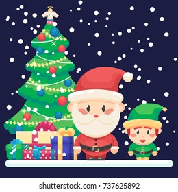 Decorated christmas tree and gifts. Cute Santa and little funny elf
