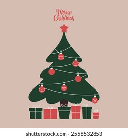 Decorated christmas tree with gifts. Holiday background. Merry Christmas and Happy New Year greeting card with lettering. Vector flat illustration.