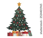 Decorated Christmas tree and gifts: holidays and celebrations concept, isolated