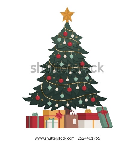 Decorated Christmas tree and gifts: holidays and celebrations concept, isolated